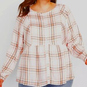 Lane Bryant Plaid Babydoll Top Size 16 Button Front No-Peek Long Sleeve Rayon